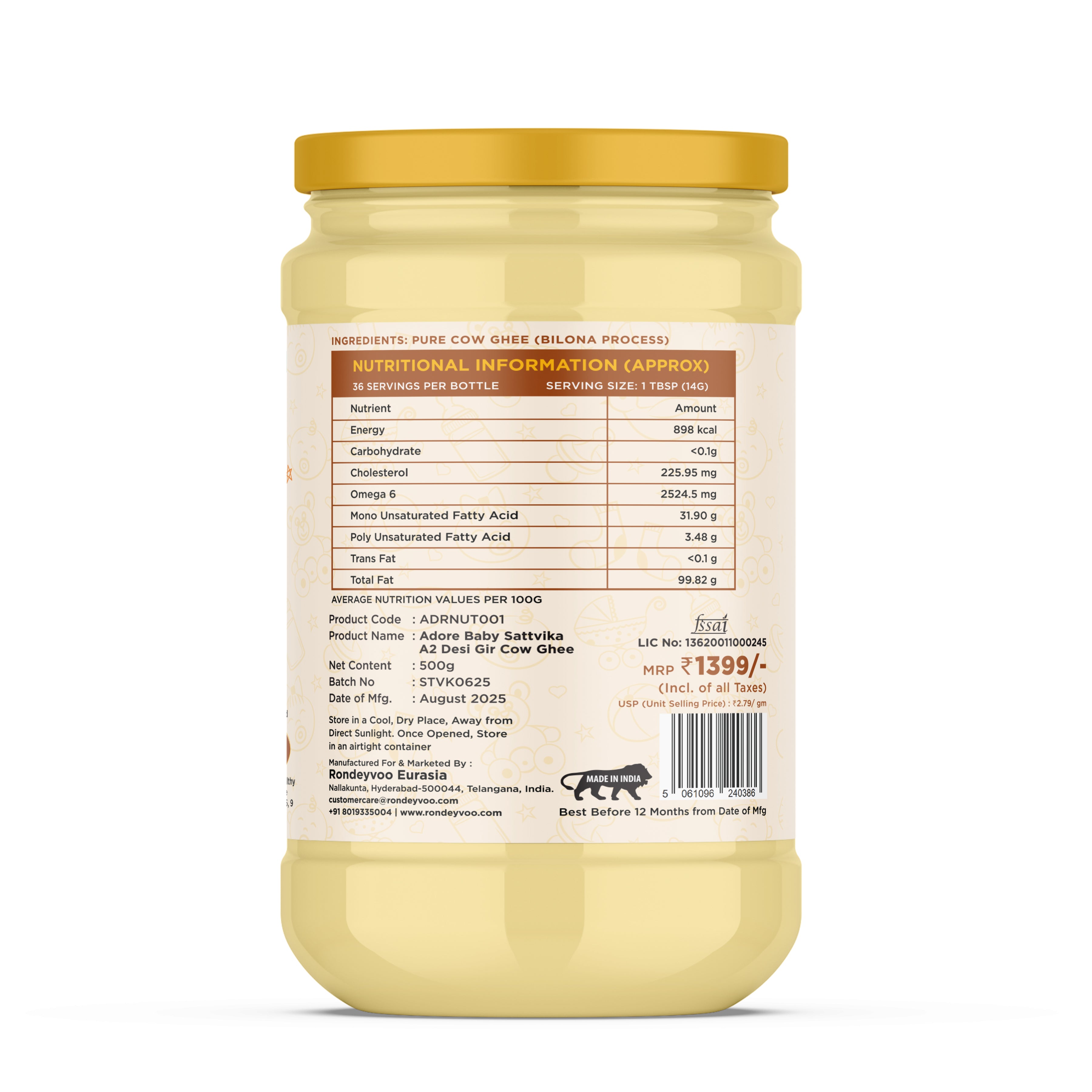 Adore Sattvika A2 Desi Cow Ghee- Made from Bilona Process- 500gms
