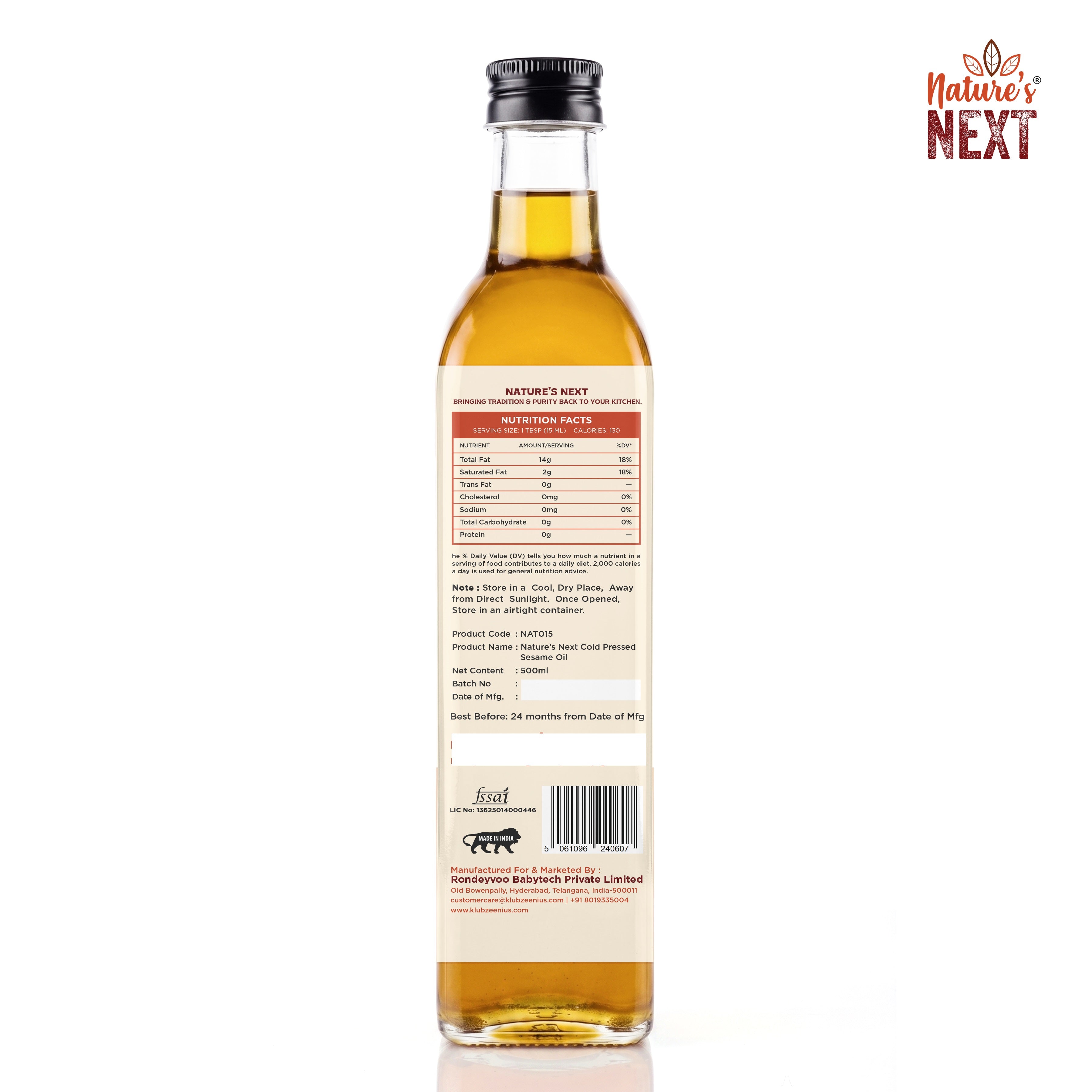 Nature’s Next Pure & Premium Cold-Pressed Sesame Oil- Glass Bottle 500ml