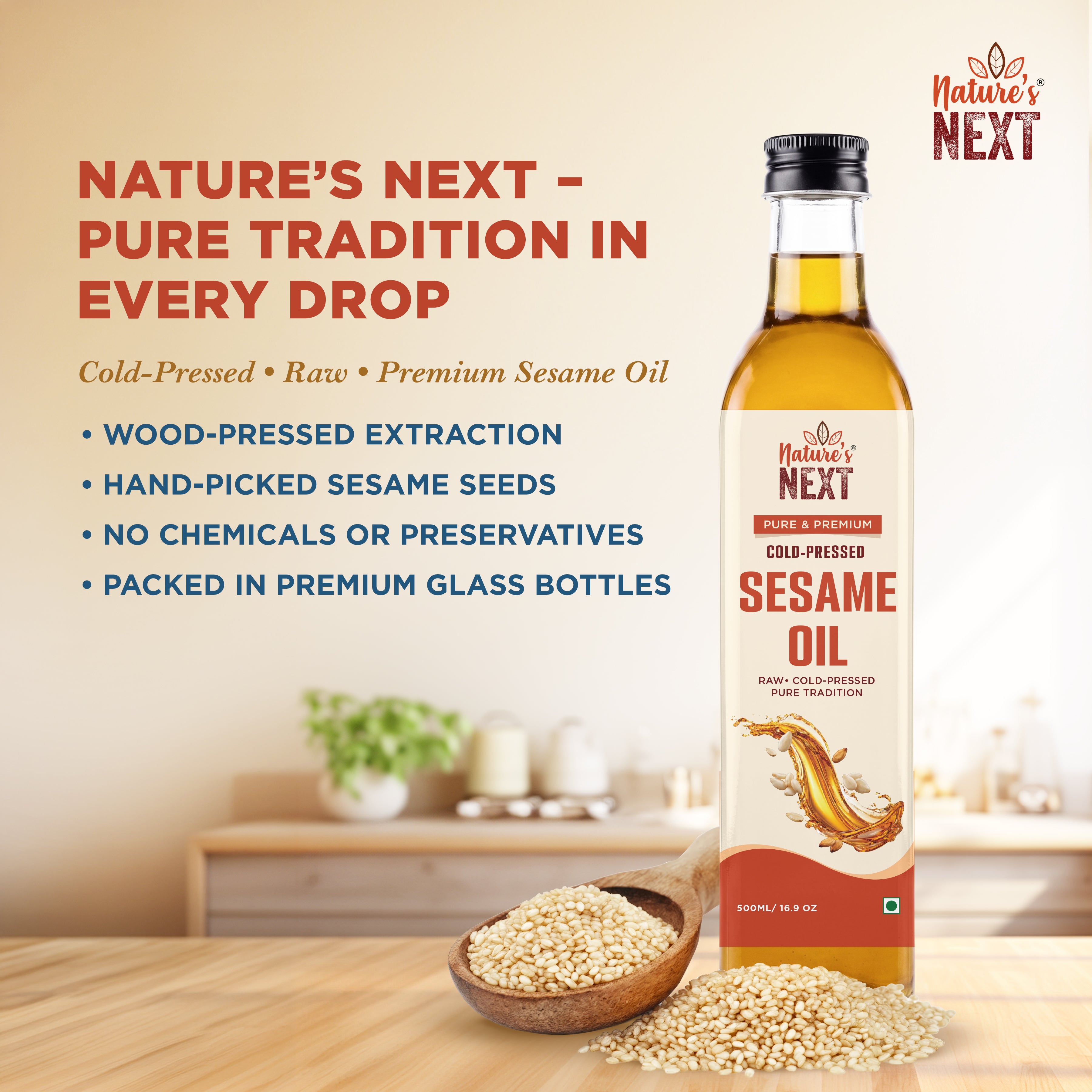Nature’s Next Pure & Premium Cold-Pressed Sesame Oil- Glass Bottle 500ml