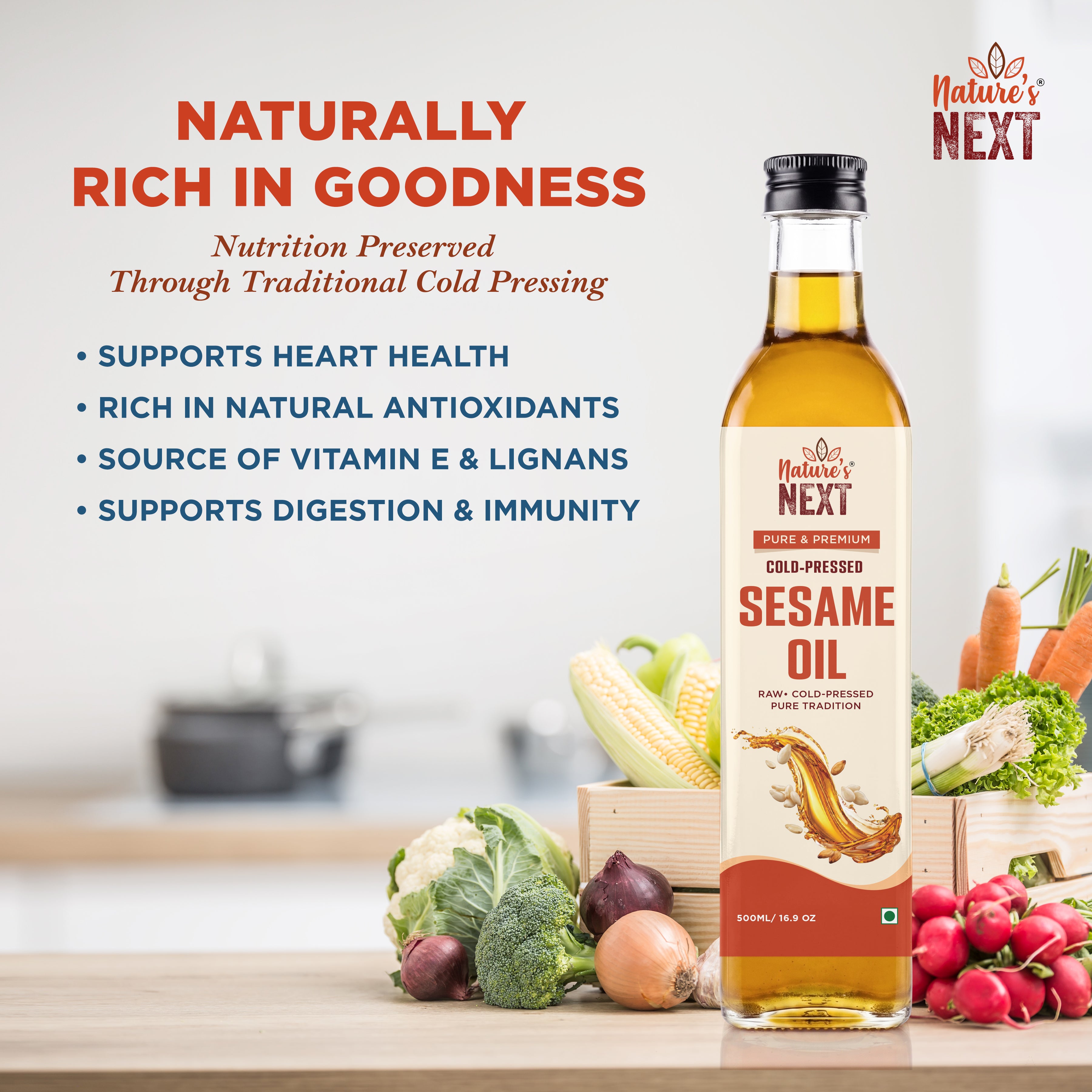 Nature’s Next Pure & Premium Cold-Pressed Sesame Oil- Glass Bottle 500ml