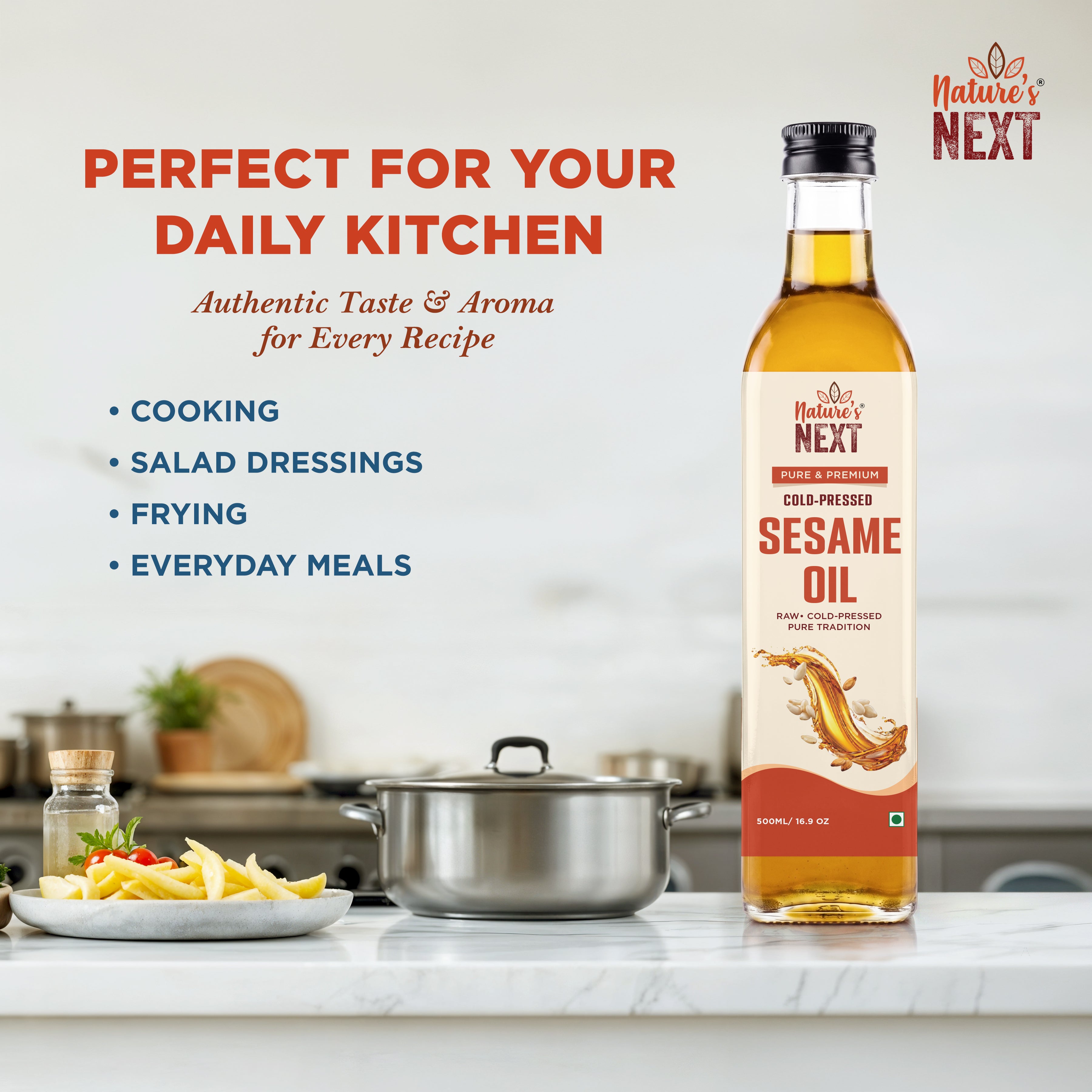 Nature’s Next Pure & Premium Cold-Pressed Sesame Oil- Glass Bottle 500ml