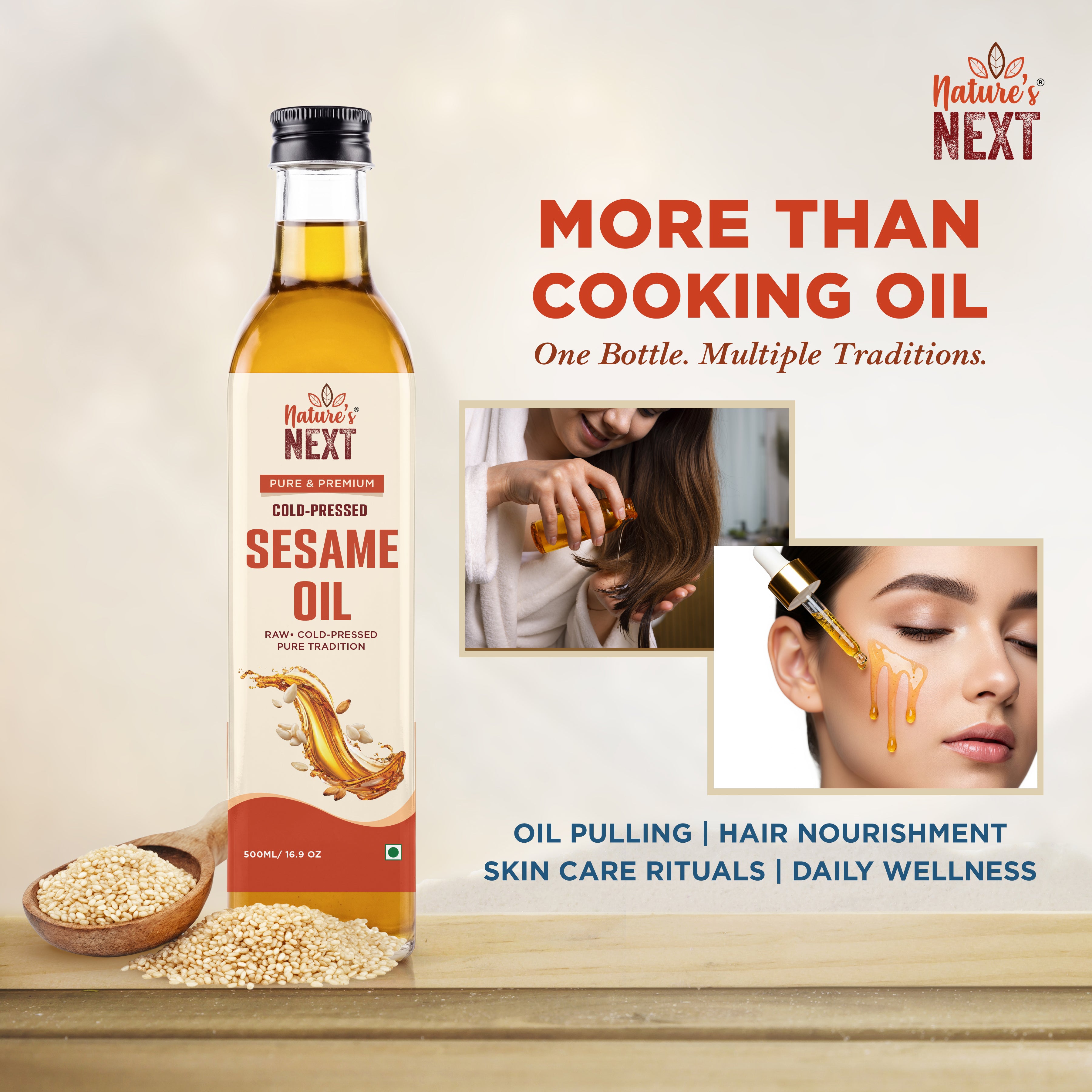 Nature’s Next Pure & Premium Cold-Pressed Sesame Oil- Glass Bottle 500ml