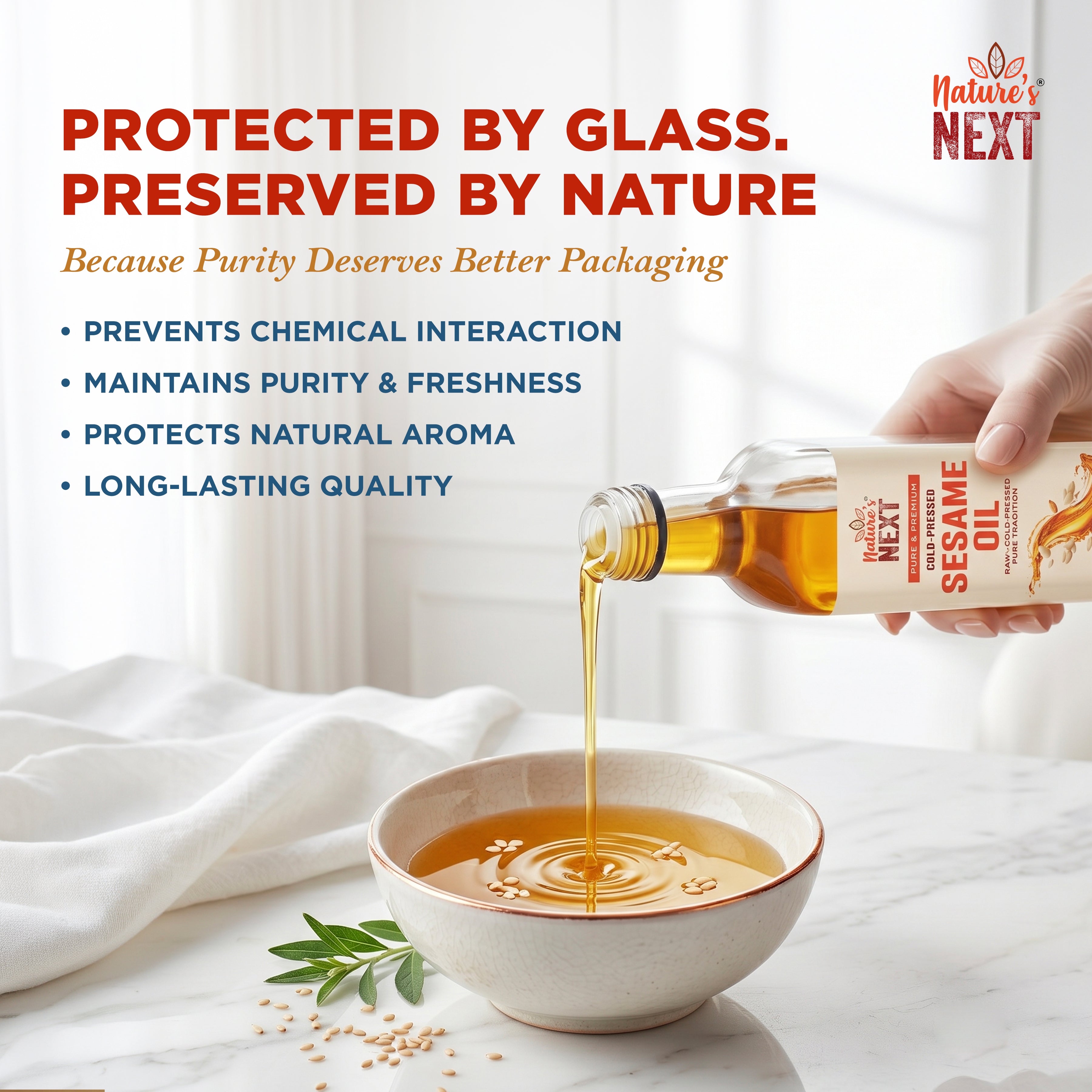 Nature’s Next Pure & Premium Cold-Pressed Sesame Oil- Glass Bottle 500ml