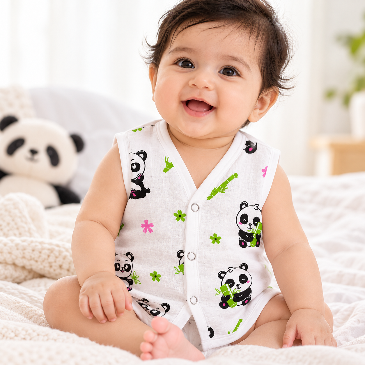 Adore Tiny Comfort 100% Pure Muslin Cotton Baby Jabla with Snap Buttons, Pack of 3, 6–9 Months-Panda