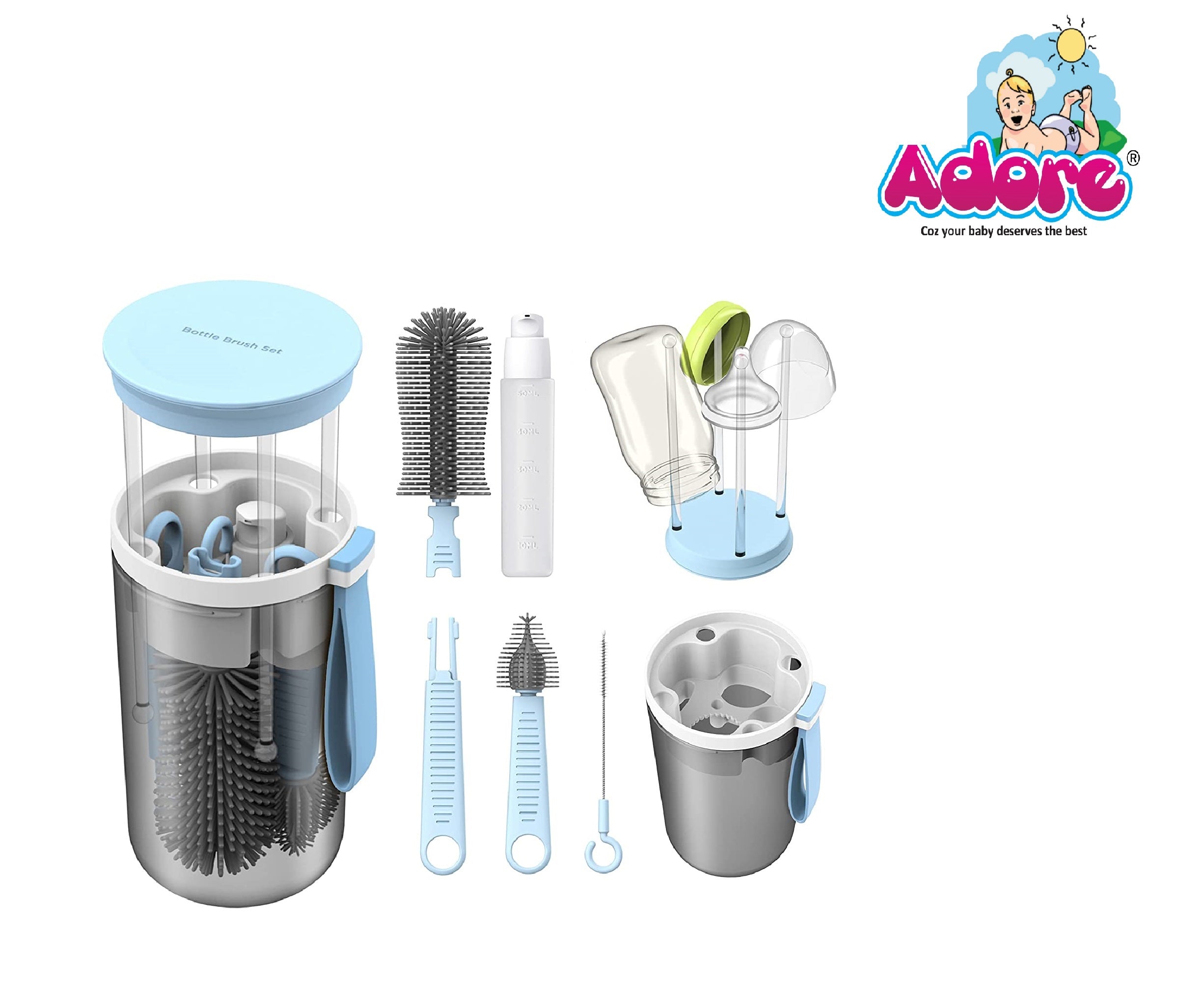 Adore WANDERLUST Travel Bottle Cleaning Brush Kit & Drying Rack with Storage Case - Blue