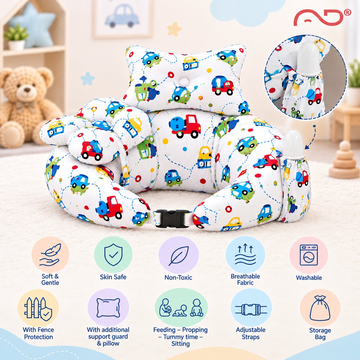 Adore Feedero! Baby Multipurpose Feeding Pillow with Fence Protection and Adjustable Belt-White