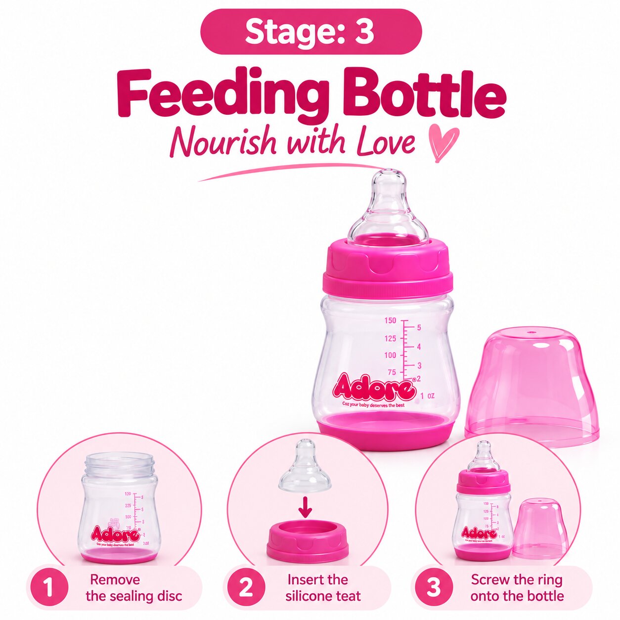 Adore Wowsome 3 Stage Manual Breast Pump with Feeding Bottle - Pink