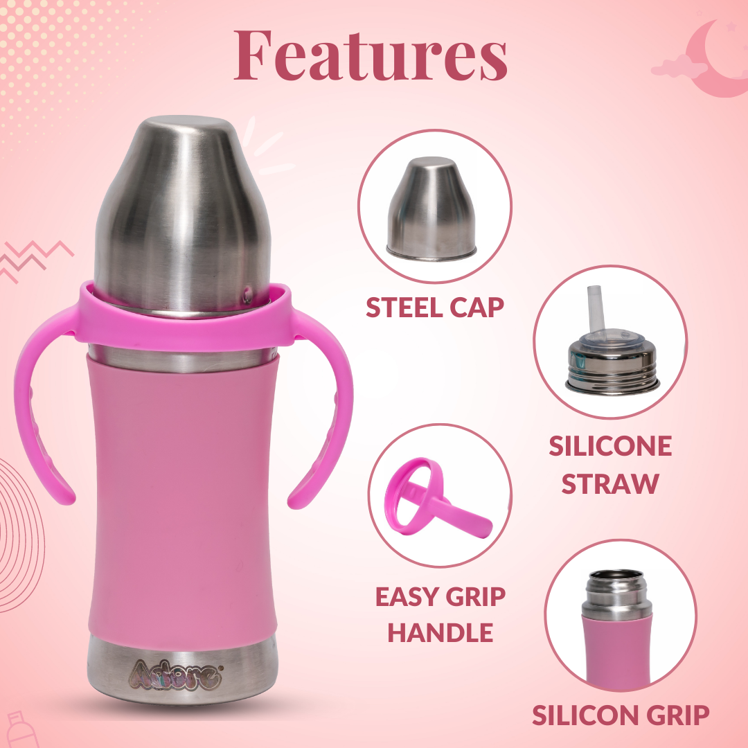 Adore Soi! The Wideneck Silicon Straw with Gravity Ball stainless steel sipper with Sleeve- 250ml Pink