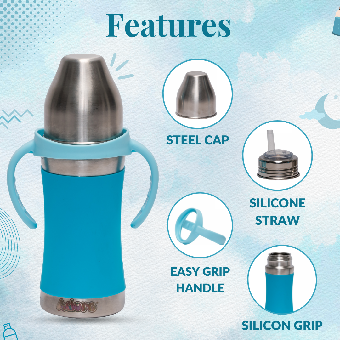 Adore Soi! The Wideneck Silicon Straw with Gravity Ball stainless steel sipper with Sleeve- 250ml Blue