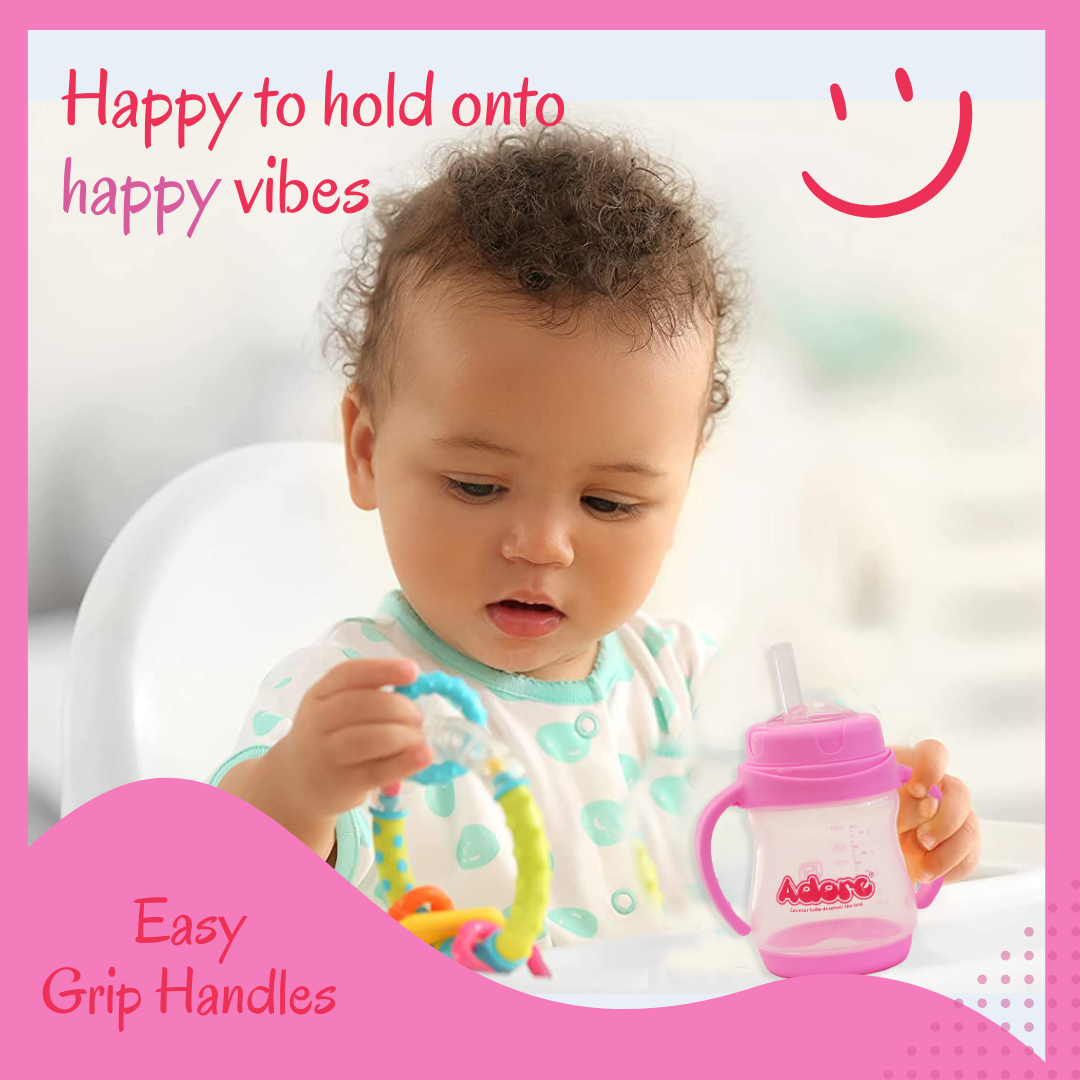 Adore Baby Basics Wiggle Straw Sipper with Twin Handle & Dust Free Hood  150ml Pink