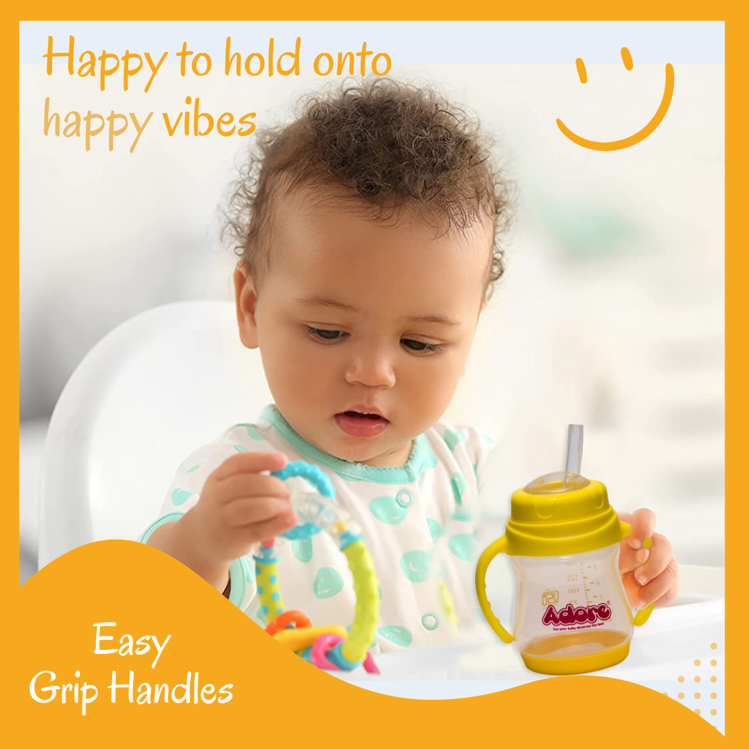 Adore Baby Basics Wiggle Straw Sipper with Twin Handle & Dust Free Hood  150ml Yellow