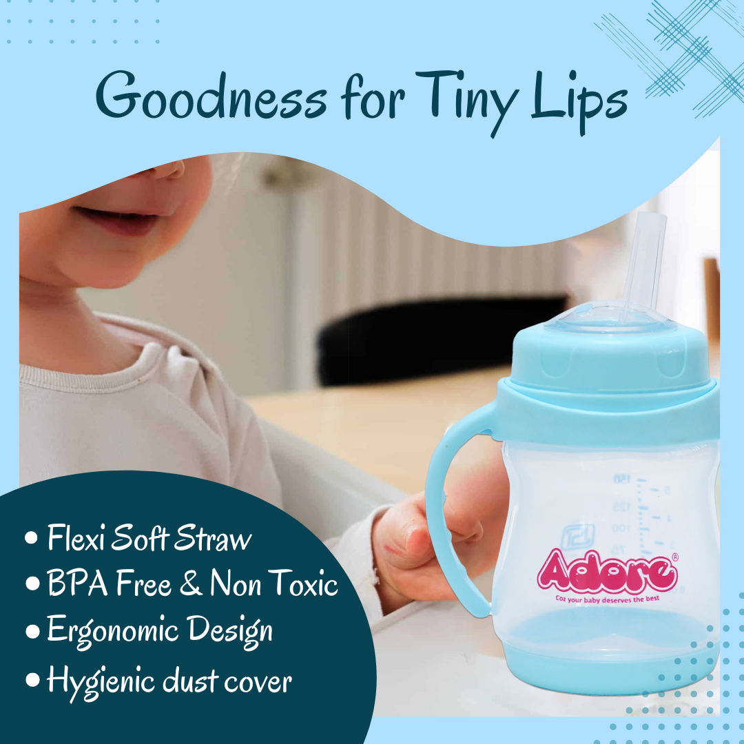 Adore Baby Basics Wiggle Straw Sipper with Twin Handle & Dust Free Hood  150ml Blue