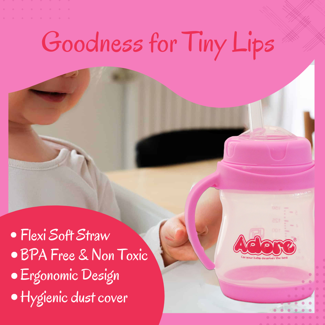Adore Baby Basics Wiggle Straw Sipper with Twin Handle & Dust Free Hood  150ml Pink