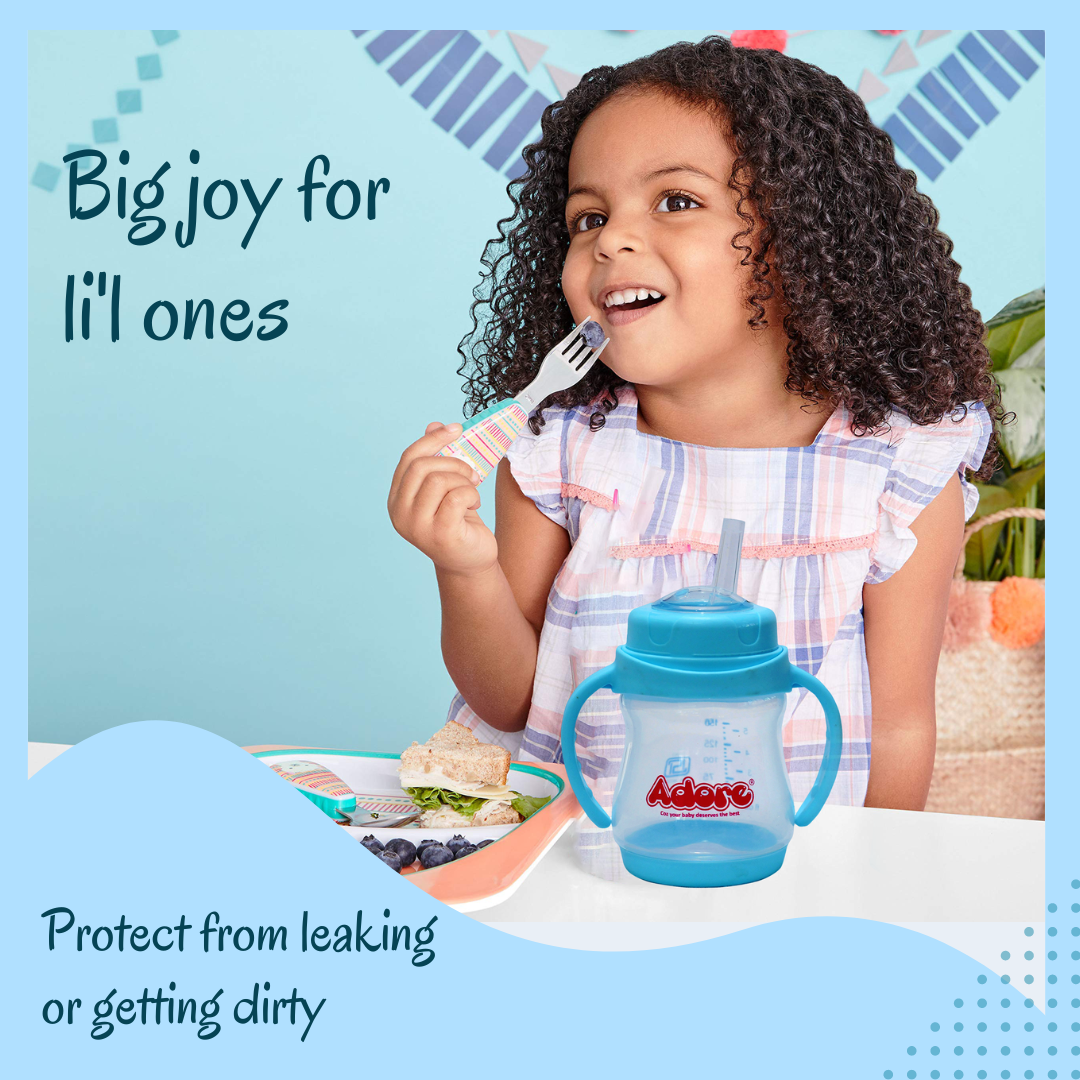 Adore Baby Basics Wiggle Straw Sipper with Twin Handle & Dust Free Hood  150ml Blue