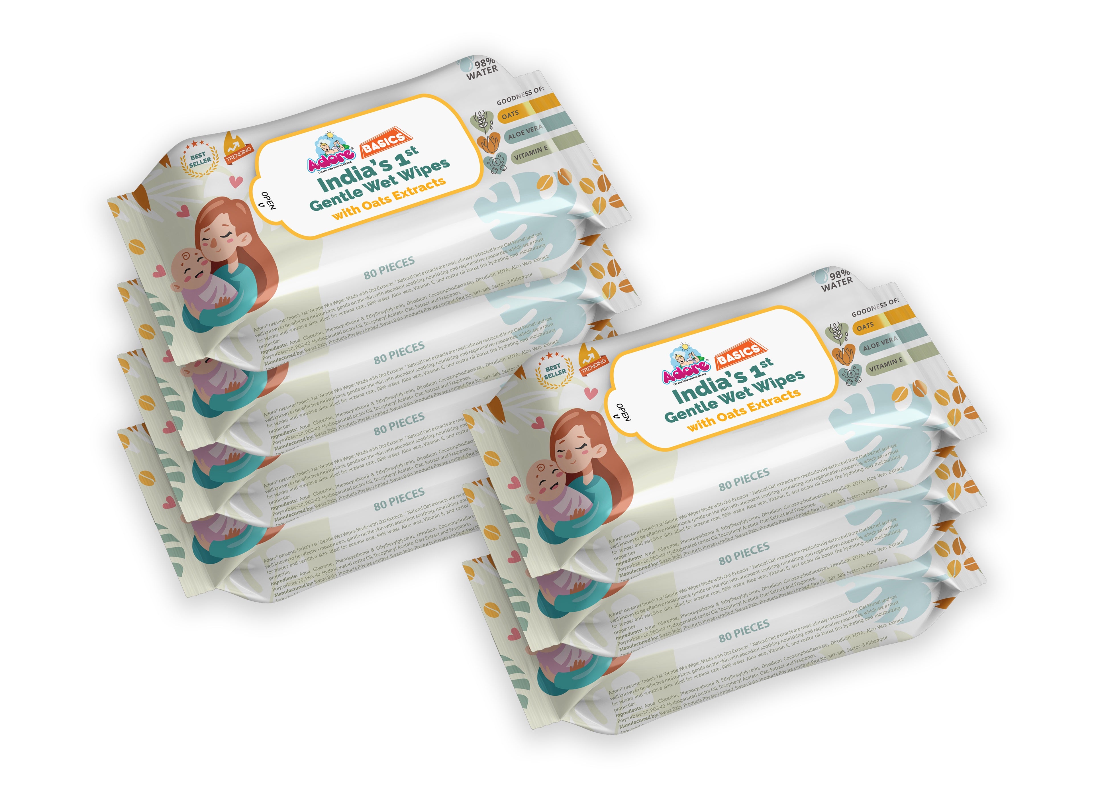 Adore Basics India's First Ever Baby Wet wipes with Oat Extracts- 98% Water-Goodness of Aloe vera & Vitamin- Pack of 80pc*7 Packs