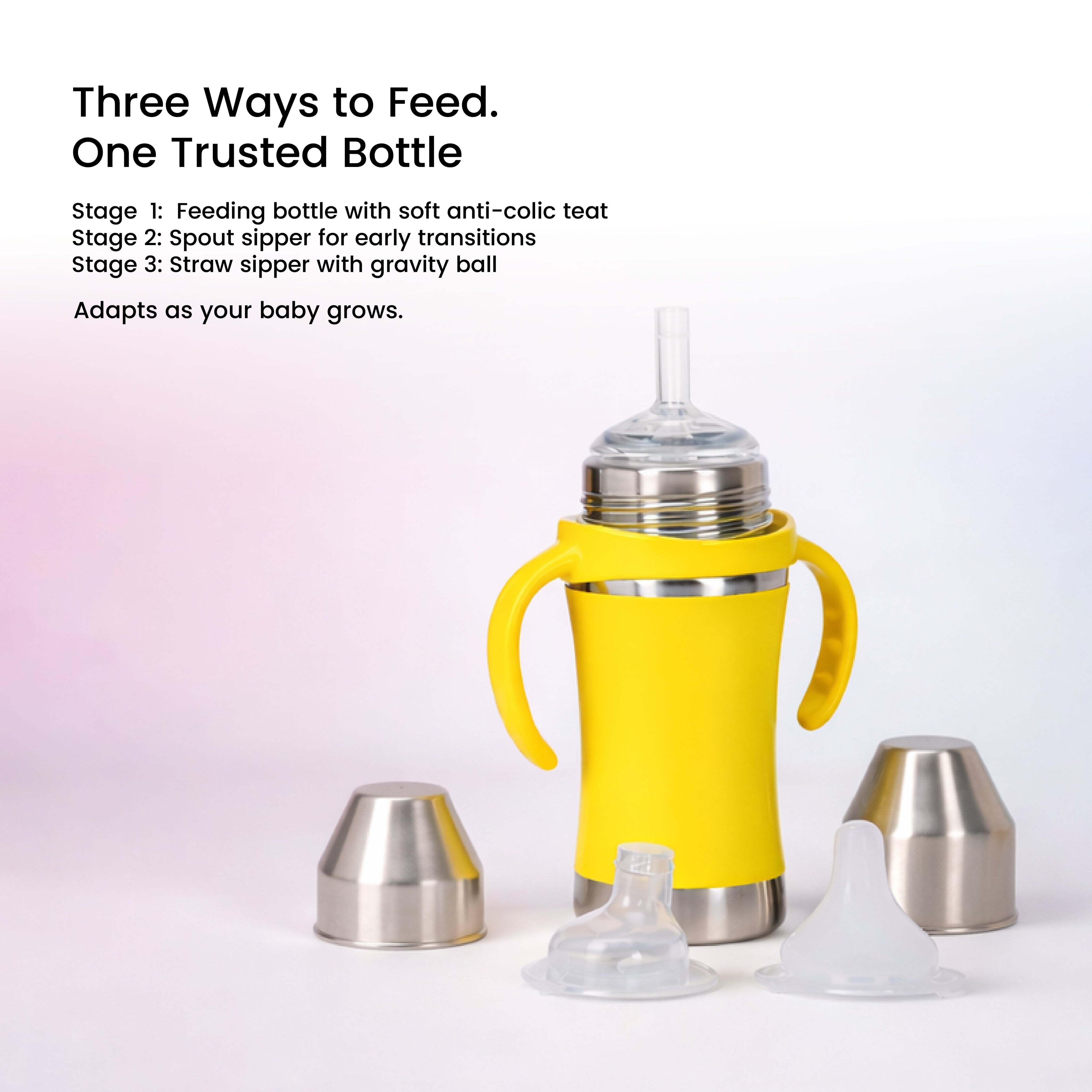 Adore Yolo! The 3 in 1 Wideneck Stainless Steel Feeding Bottle with Silicon Sleeve- 250ml - Yellow
