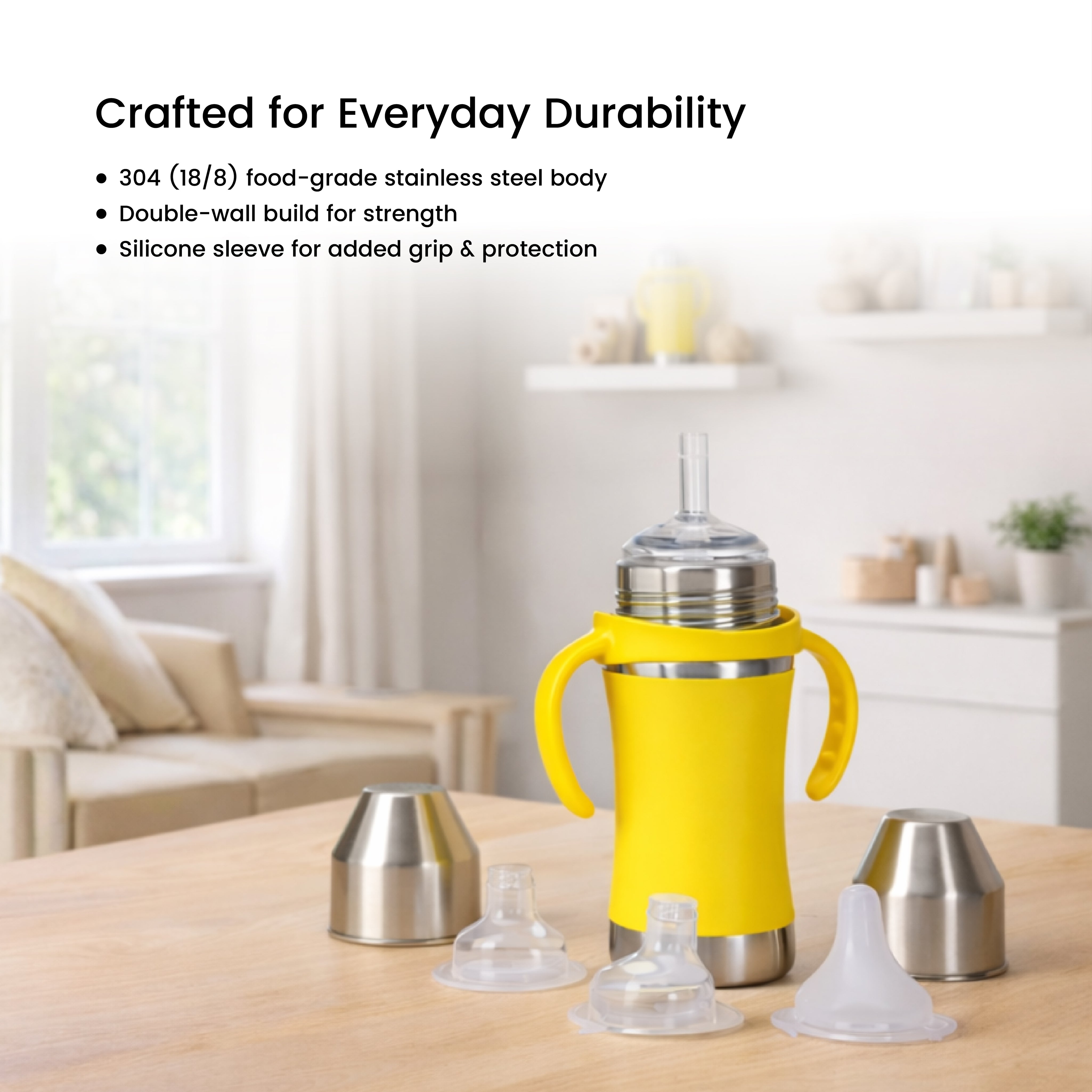 Adore Yolo! The 3 in 1 Wideneck Stainless Steel Feeding Bottle with Silicon Sleeve- 250ml - Yellow