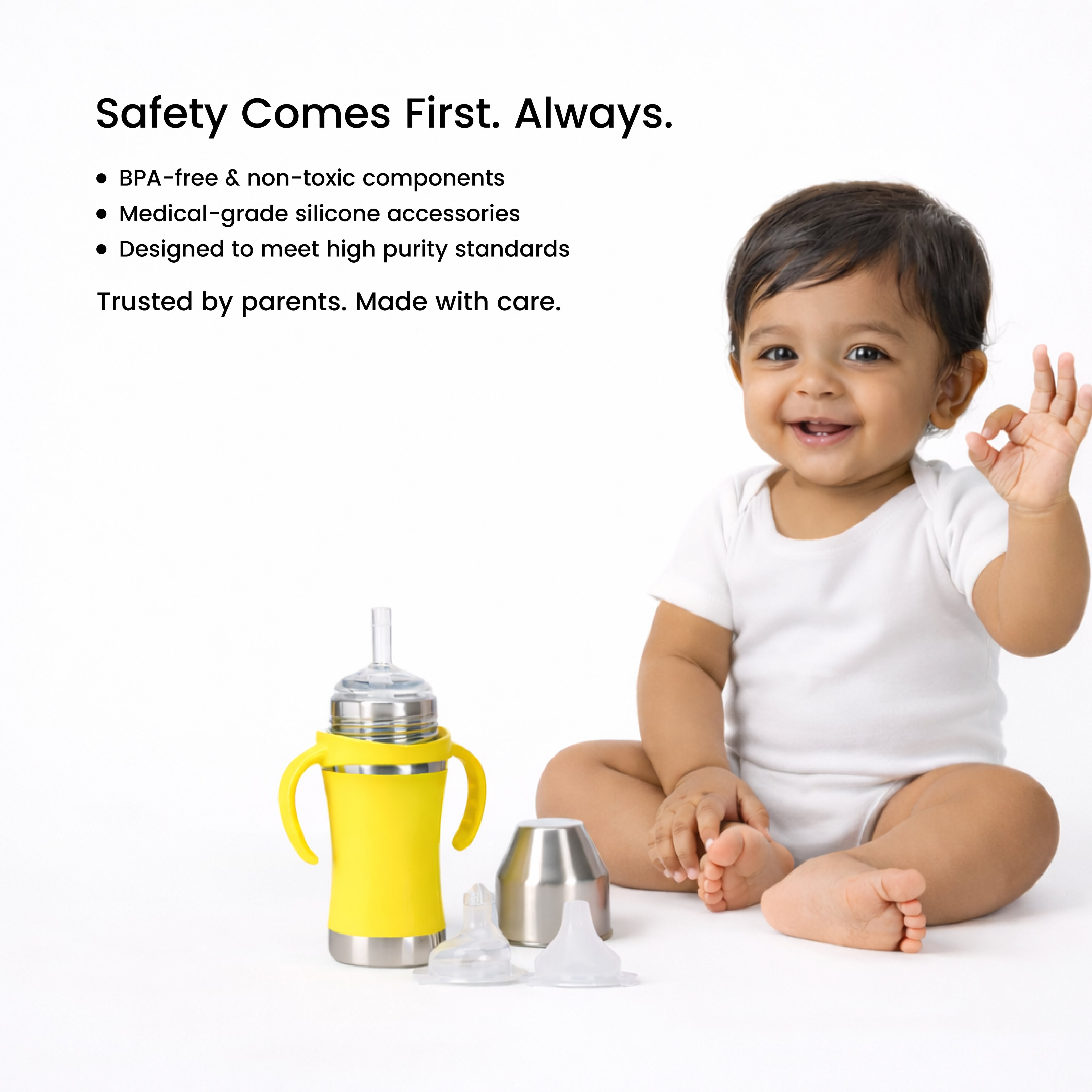 Adore Yolo! The 3 in 1 Wideneck Stainless Steel Feeding Bottle with Silicon Sleeve- 250ml - Yellow
