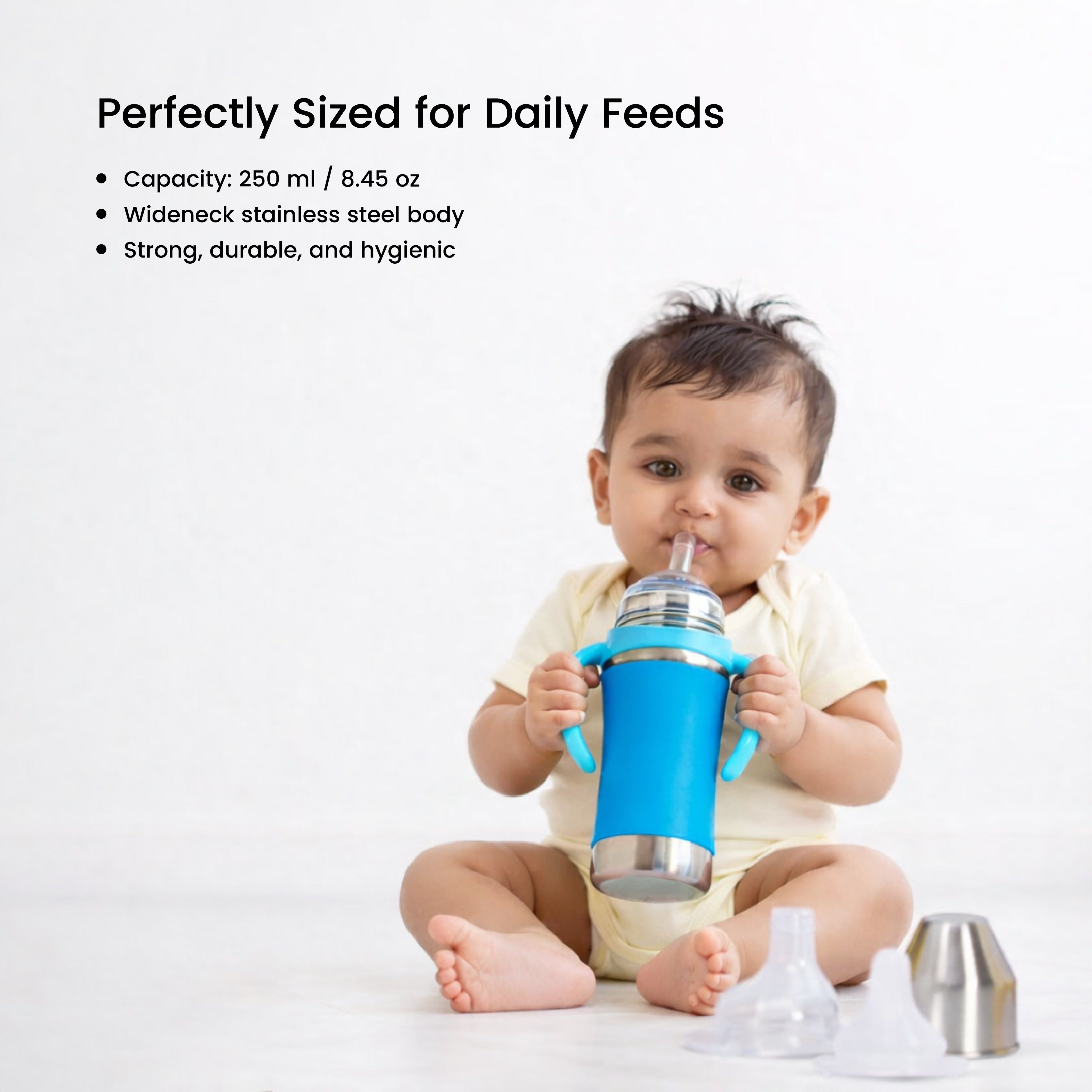 Adore Yolo! The 3 in 1 Wideneck Stainless Steel Feeding Bottle with Silicon Sleeve- 250ml - Blue
