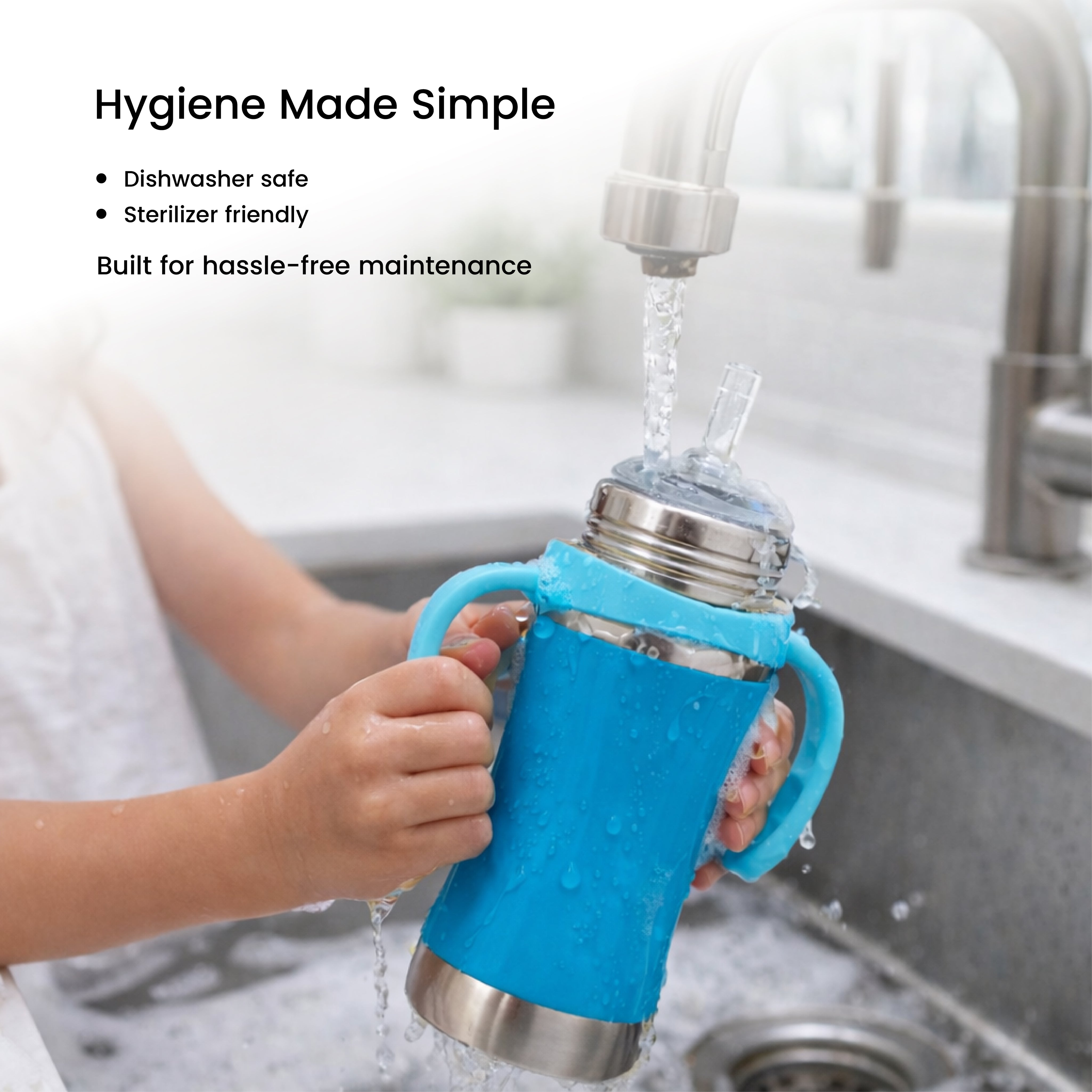 Adore Yolo! The 3 in 1 Wideneck Stainless Steel Feeding Bottle with Silicon Sleeve- 250ml - Blue