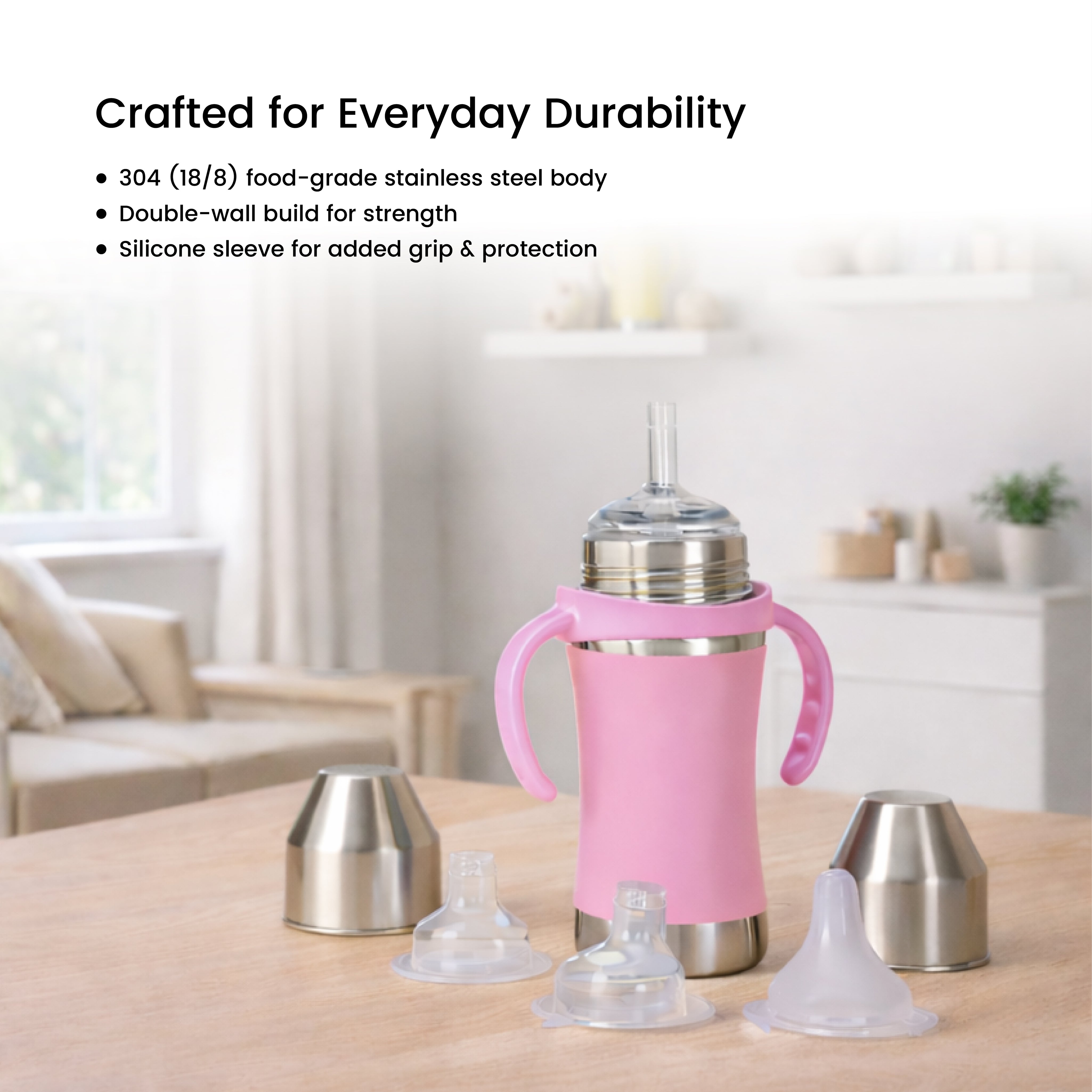 Adore Yolo! The 3 in 1 Wideneck Stainless Steel Feeding Bottle with Silicon Sleeve- 250ml - Pink