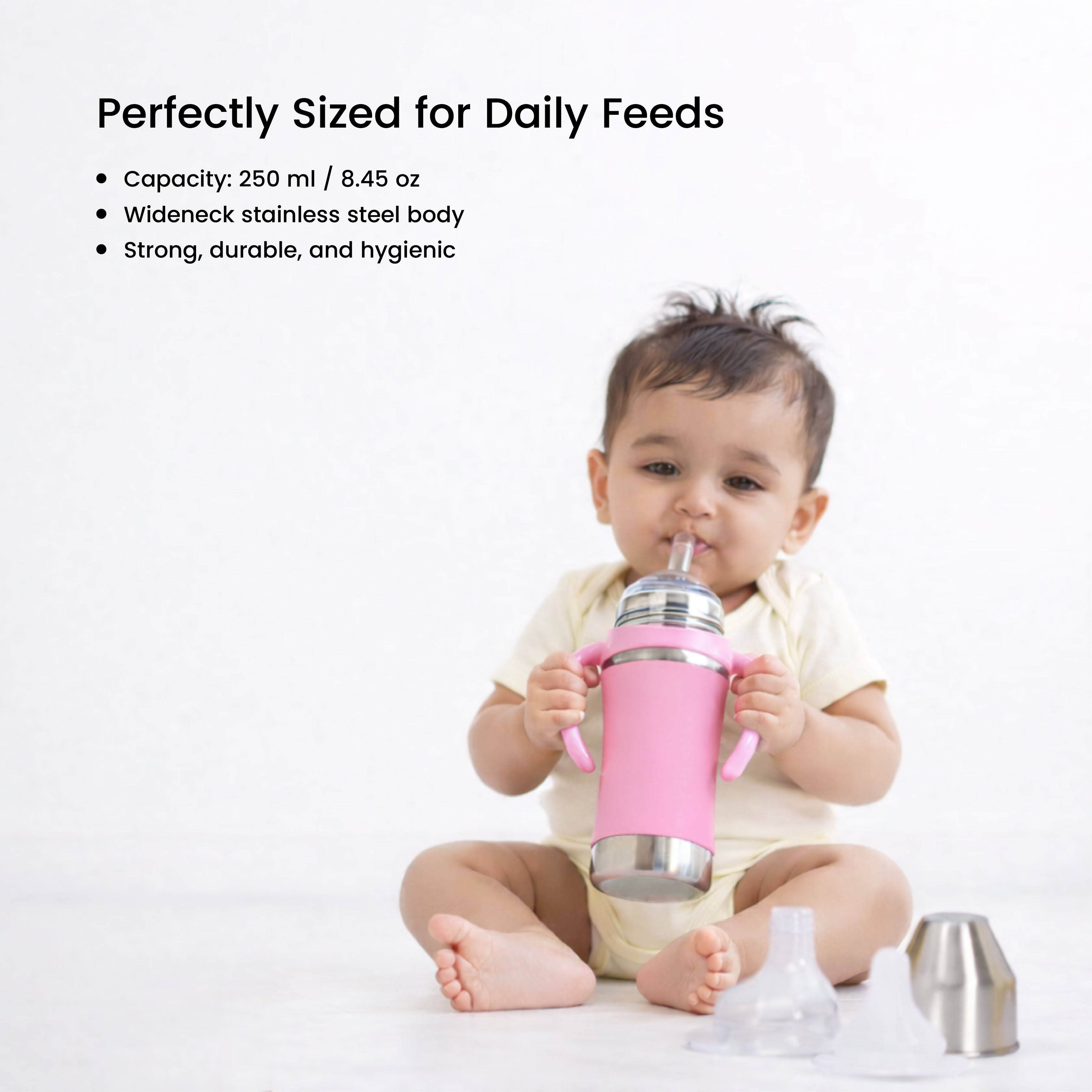 Adore Yolo! The 3 in 1 Wideneck Stainless Steel Feeding Bottle with Silicon Sleeve- 250ml - Pink
