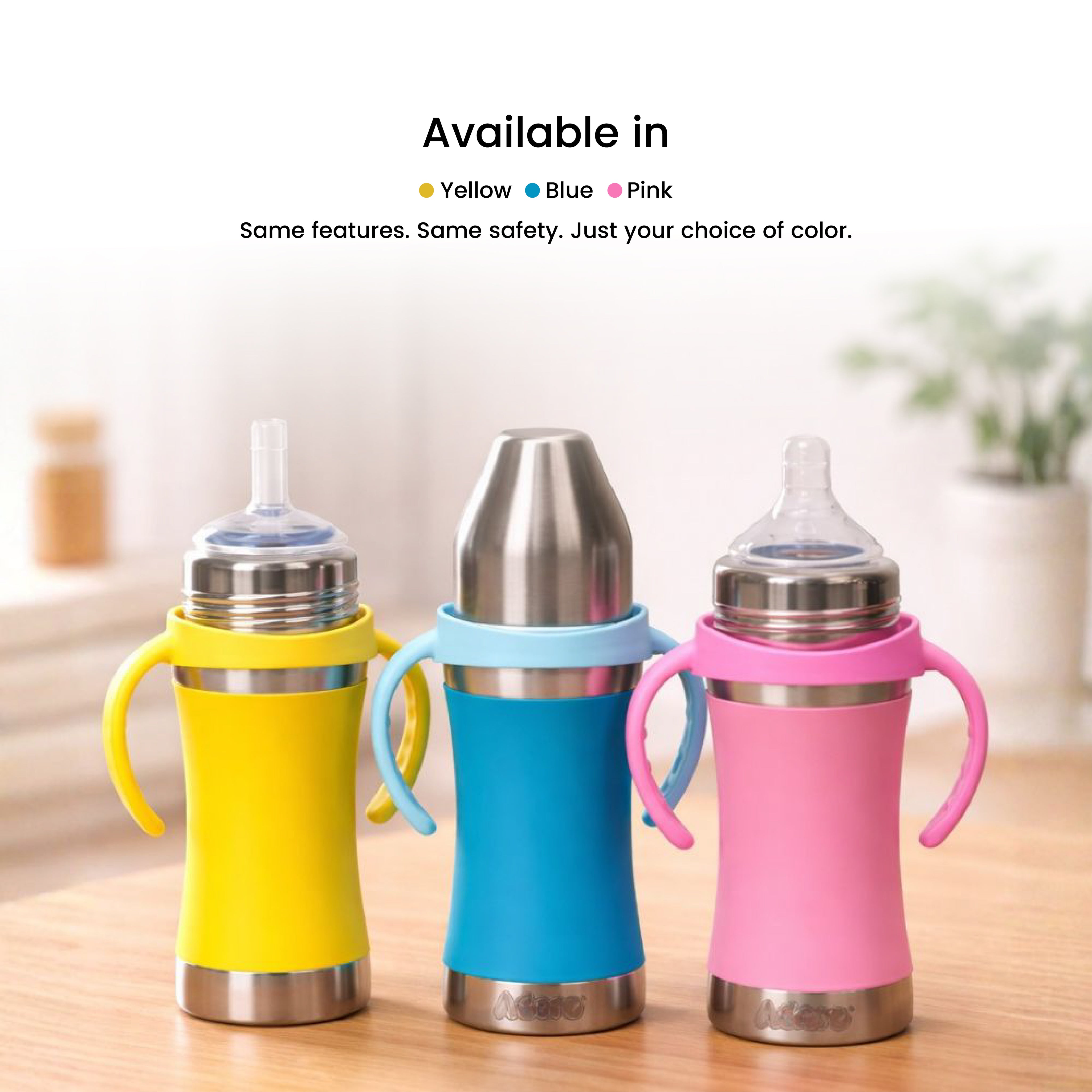 Adore Yolo! The 3 in 1 Wideneck Stainless Steel Feeding Bottle with Silicon Sleeve- 250ml - Pink