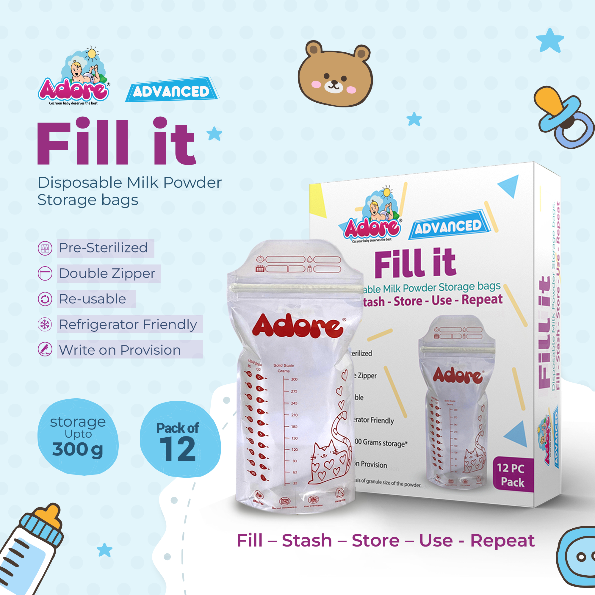Adore Fill It! Milk Powder Storage Bag - Pack of 12