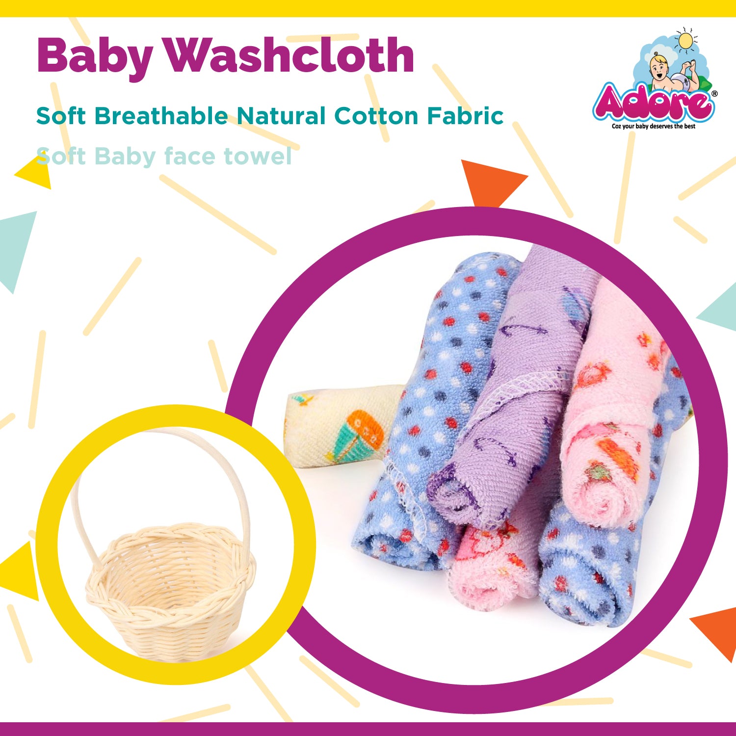 Adore Baby Wash Cloths With Basket Pack of 5 - Multicolor