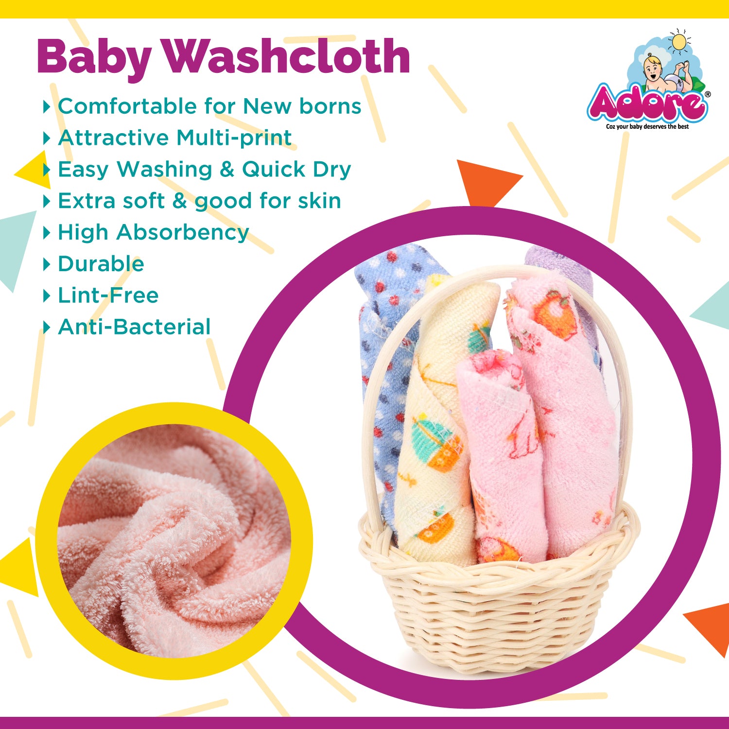 Adore Baby Wash Cloths With Basket Pack of 5 - Multicolor