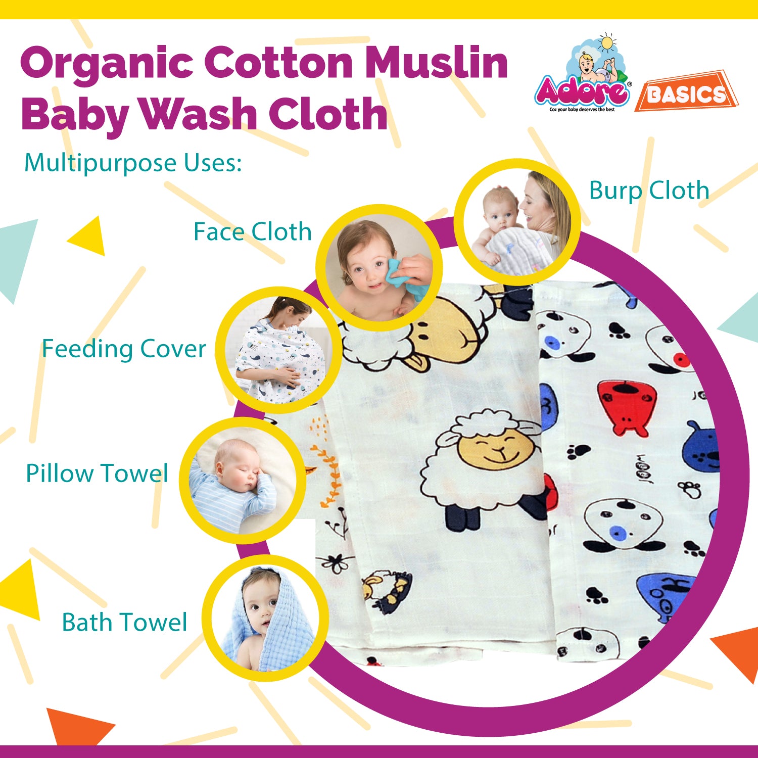 Adore 100% Pure Cotton Muslin Wash Clothes Pack of 6 - Multicolor