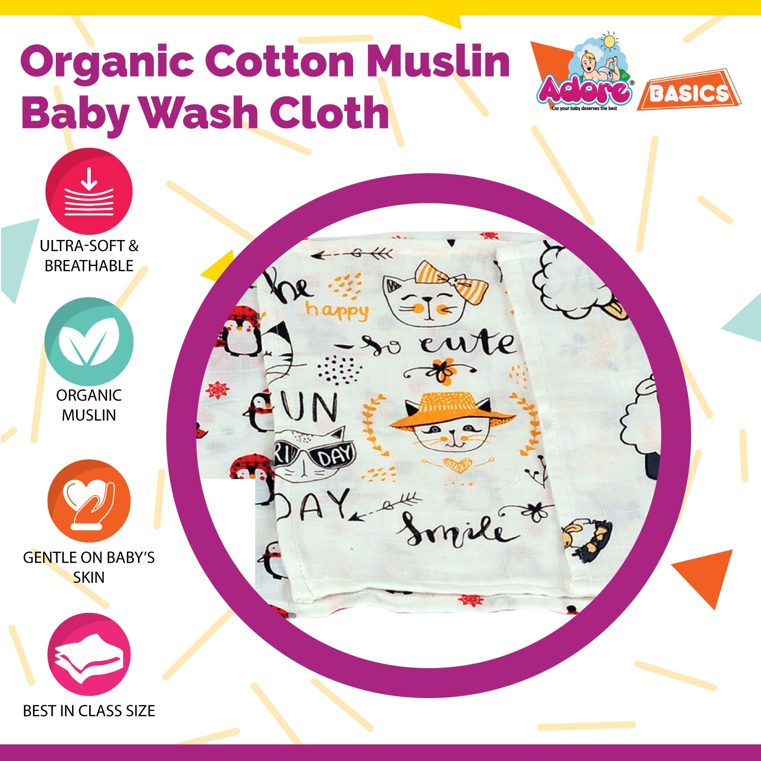 Adore 100% Pure Cotton Muslin Wash Clothes Pack of 6 - Multicolor