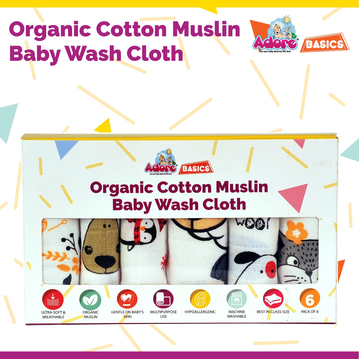 Adore 100% Pure Cotton Muslin Wash Clothes Pack of 6 - Multicolor