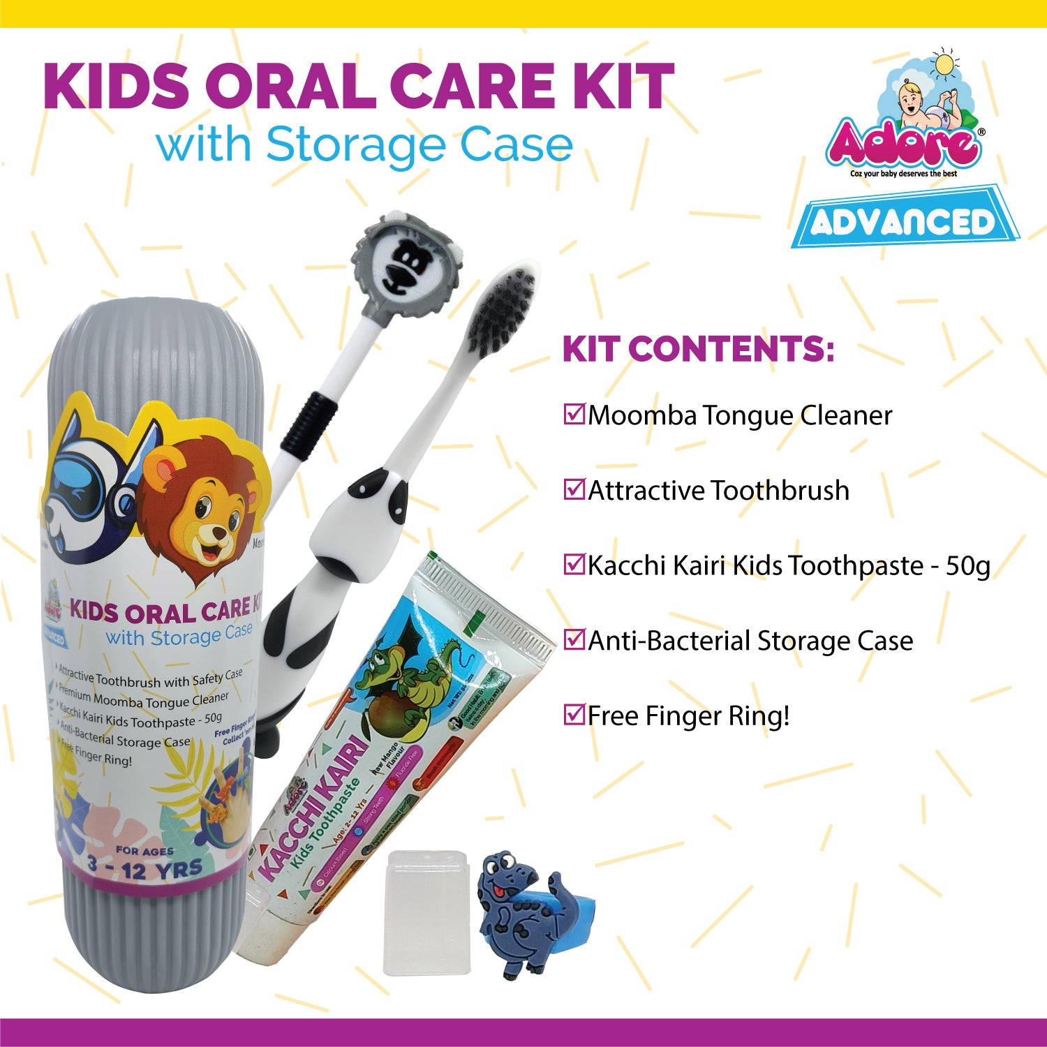 Adore Robo Dobo Kids Oral Care Kit with Storage Case and Free Finger Ring - Grey